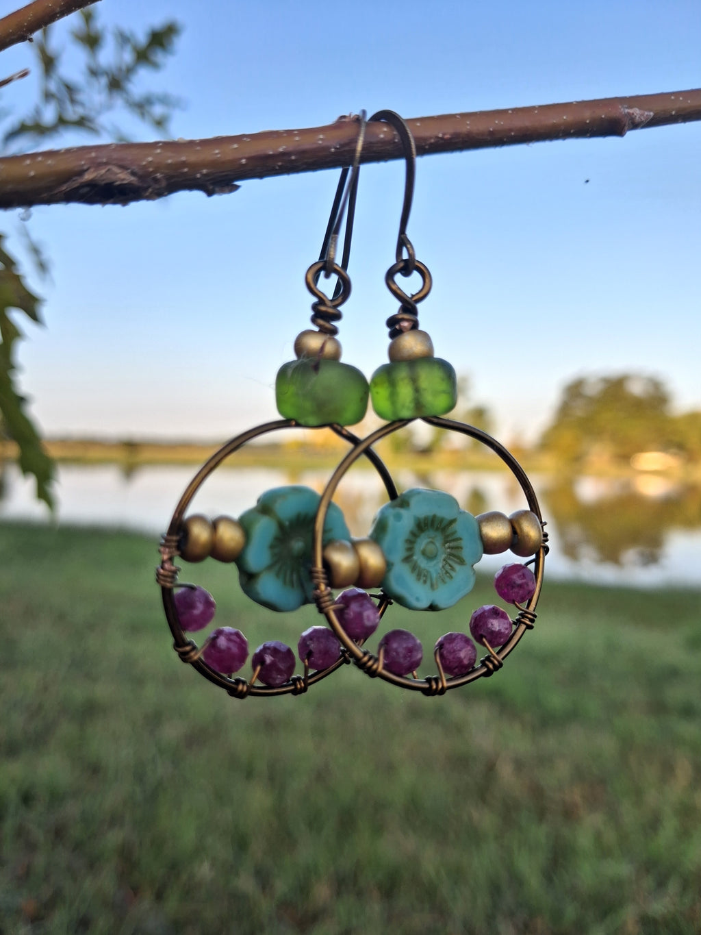 Red Ruby & Turquoise Czech Beaded Leoni Boho Hoop Earrings