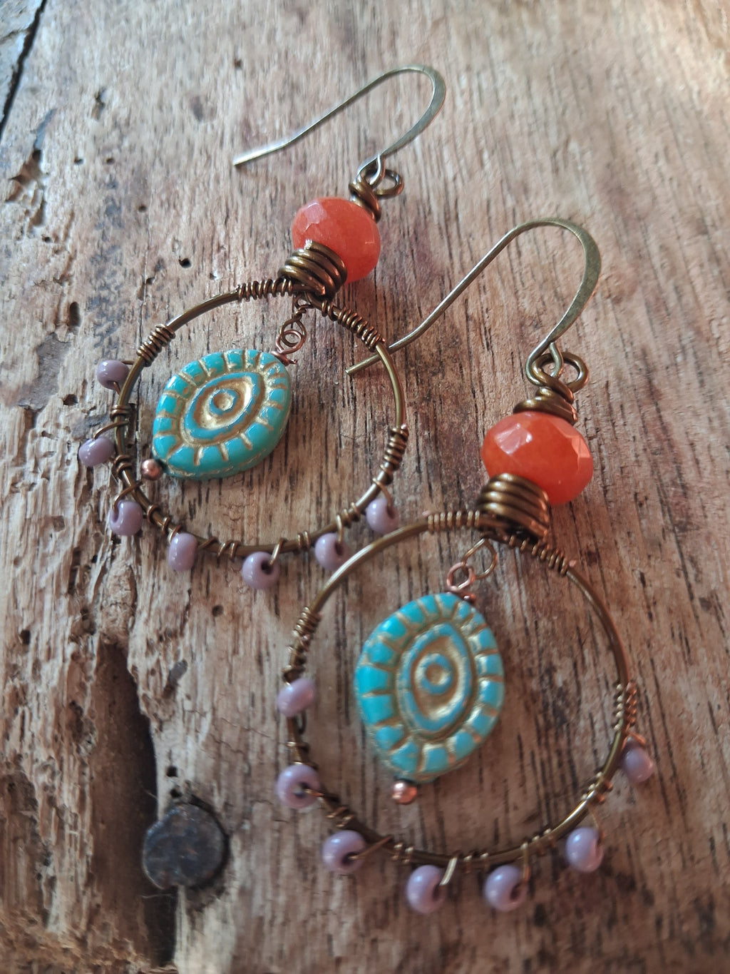 Lavender & Turquoise Beaded Lagoon Boho Hoop Earrings