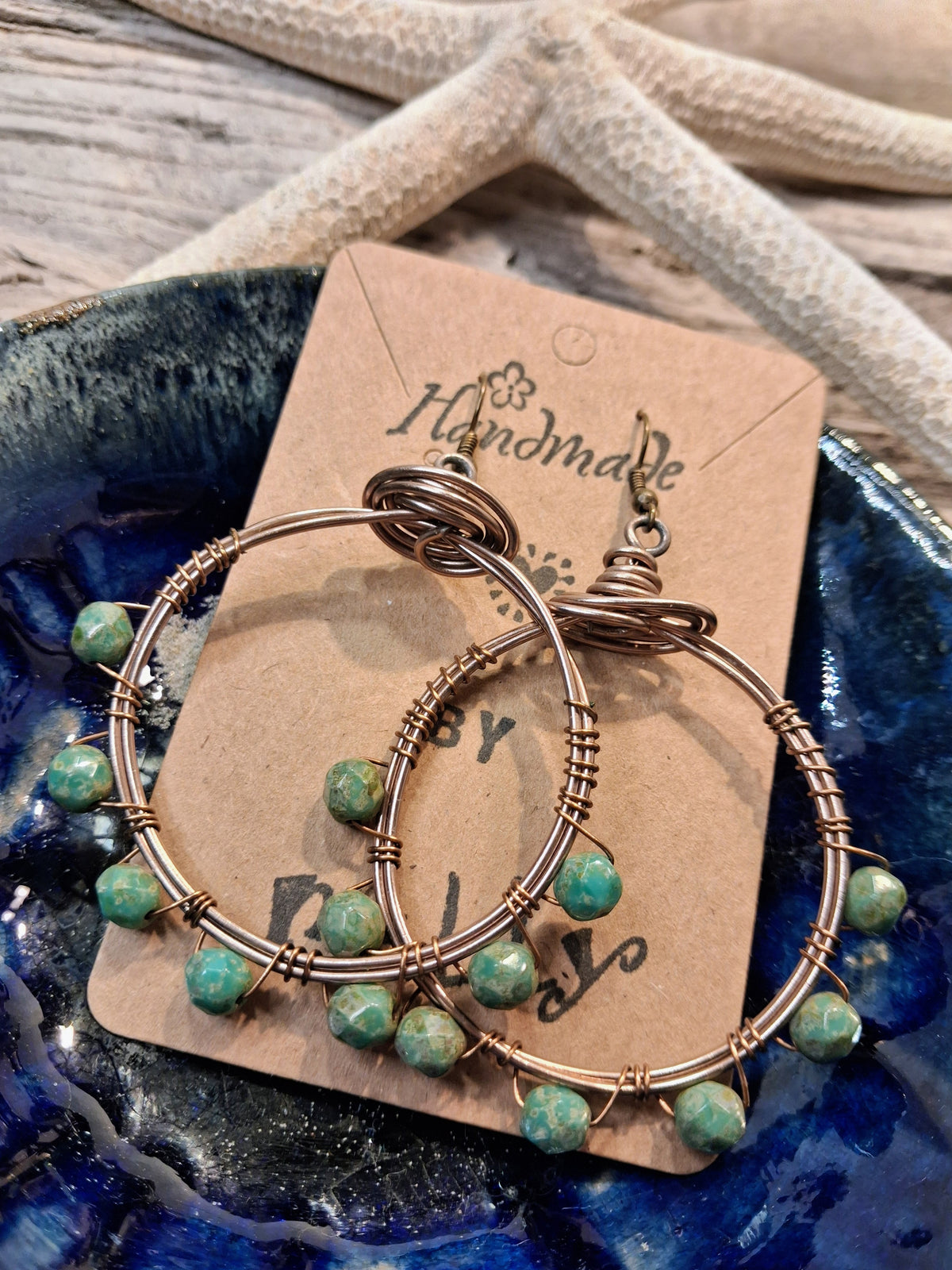 Green African turquoise jasper beads on wire wrapped marine hoop earrings, handmade by Melly