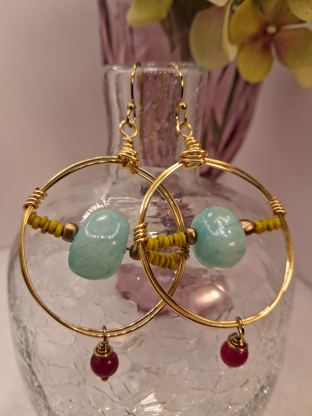 Amazonite and cranberry wire wrapped gold hoop earrings featuring gemstone beads, handmade by Melly
