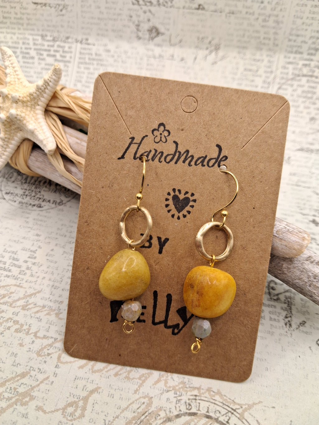 Amber and light grey brulee dangle earrings with polished stone beads, handmade by Melly