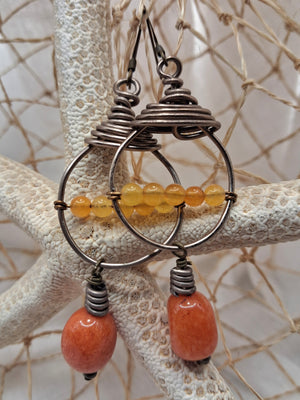 Orange Agate Wire Wrapped Kasper Dangle Boho Earrings