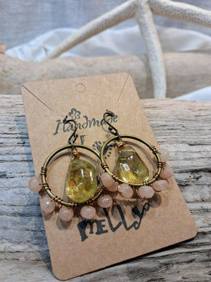 Citrine & Rose Wire Wrapped Honeydrop Hoop Boho Earrings