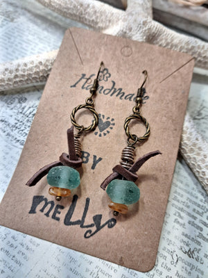 Amber & Teal Beach Glass Dangle Boho Earrings