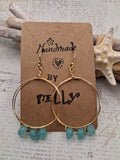 Aqua blue and gold wire wrapped large hoop earrings with dangling beads, handmade by Melly