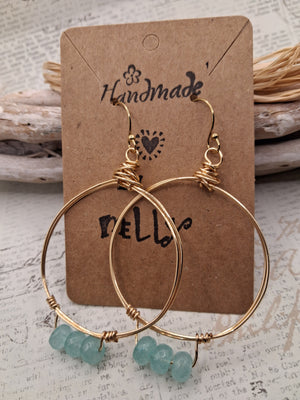 Aquamarine & Gold Wire Wrapped Luci Small Hoop Boho Earrings