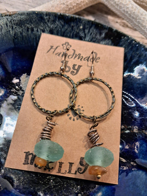 Aquamarine & Amber Ocean Glass Dangle Boho Earrings
