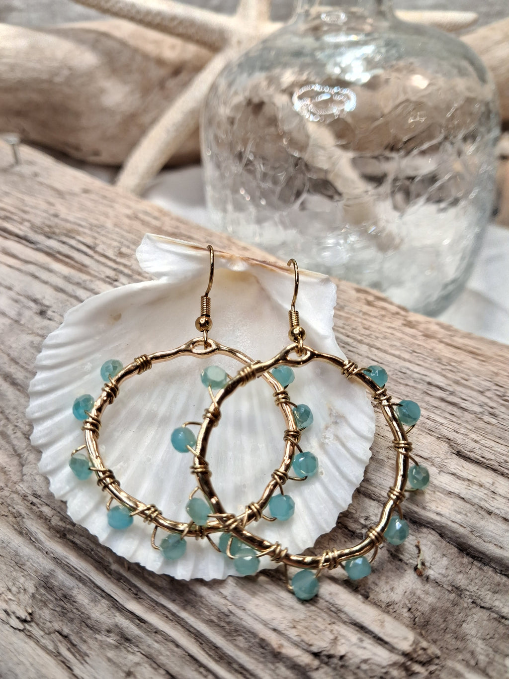 Aquamarine beaded summer hoop earrings with gold-tone wire and glass beads, handmade by Melly