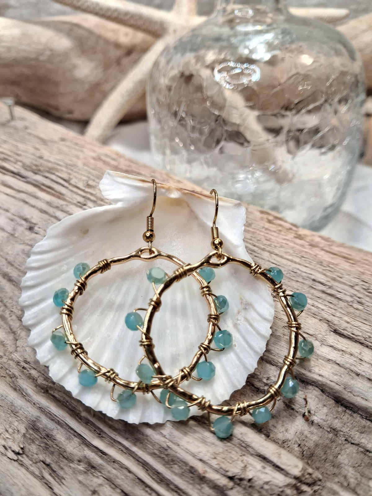 Aquamarine beaded summer hoop earrings with gold-tone wire and glass beads, handmade by Melly