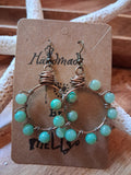 Aquamarine quartz round gemstone beads wire wrapped on copper hoop earrings, handmade by Melly