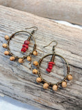 Beige and cranberry wire wrapped autumn hoop earrings with wood beads and brass, handmade by Melly