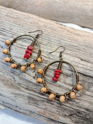 Red Coral Wire Wrapped Autumn Hoop Boho Earrings