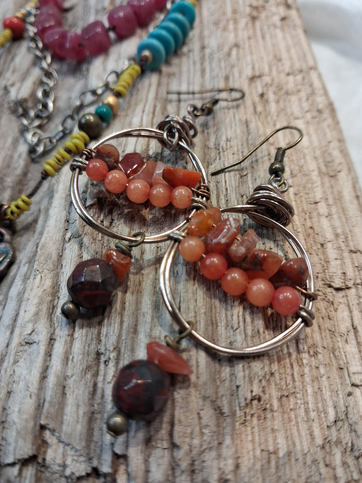 Cranberry and amber beaded wire wrapped cherry hoop earrings with gemstone beads, handmade by Melly