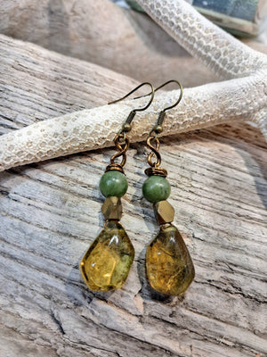 Green Jade & Amber Teardrop Dangle Boho Earrings