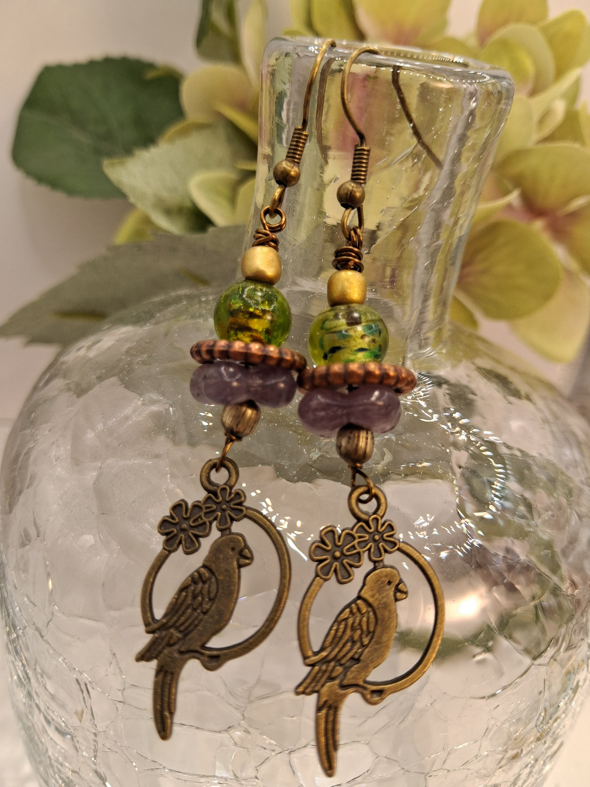 Emerald green and lavender bead and metal Hawaii bird dangle earrings, handmade by Melly