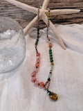 Emerald green and pink beaded rose drop necklace featuring gemstone beads, handmade by Melly