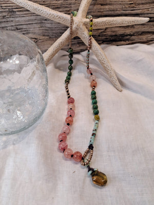 Green Jasper & Pink Jade Beaded Rose Drop Necklace