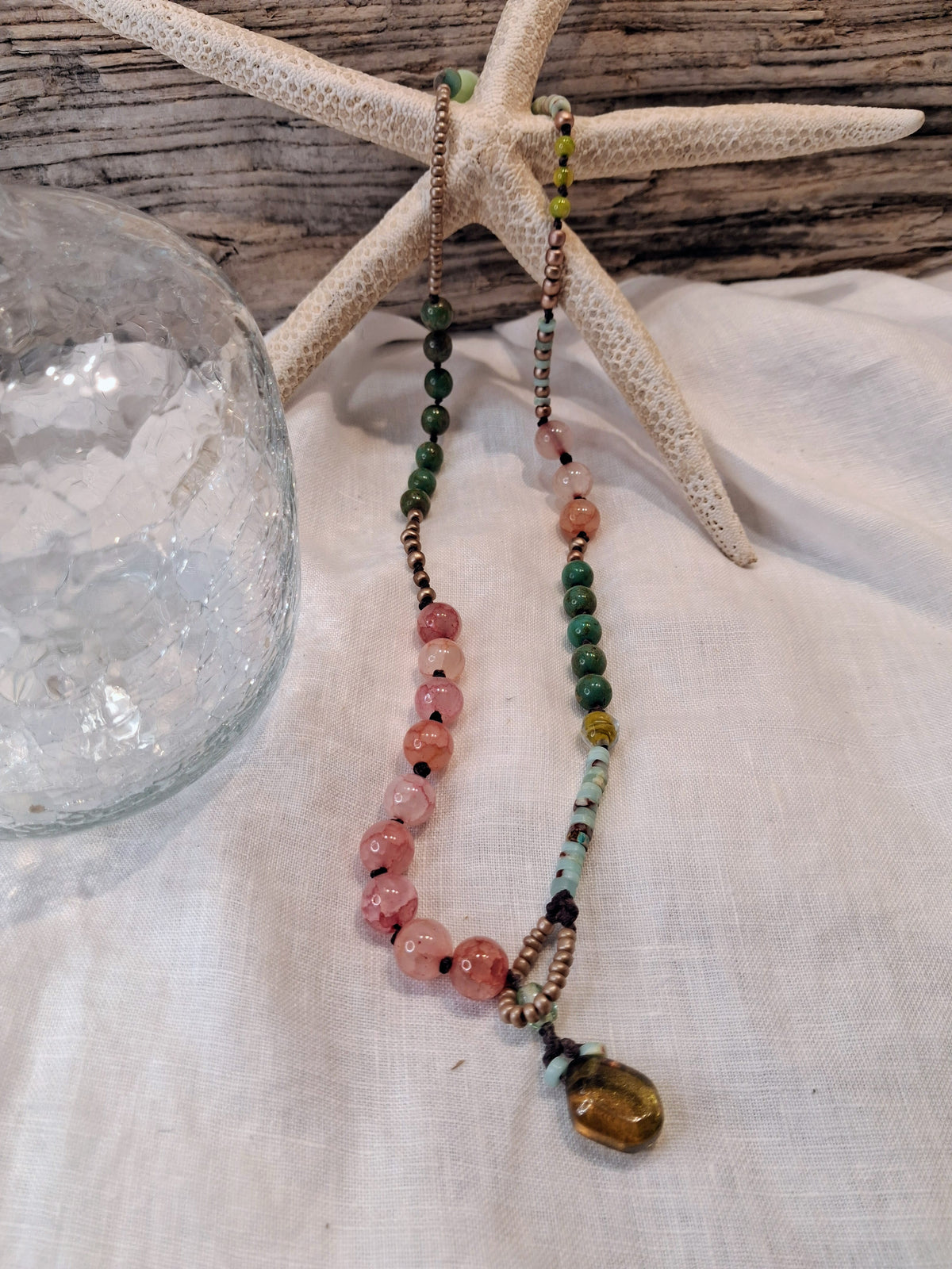 Emerald green and pink beaded rose drop necklace featuring gemstone beads, handmade by Melly