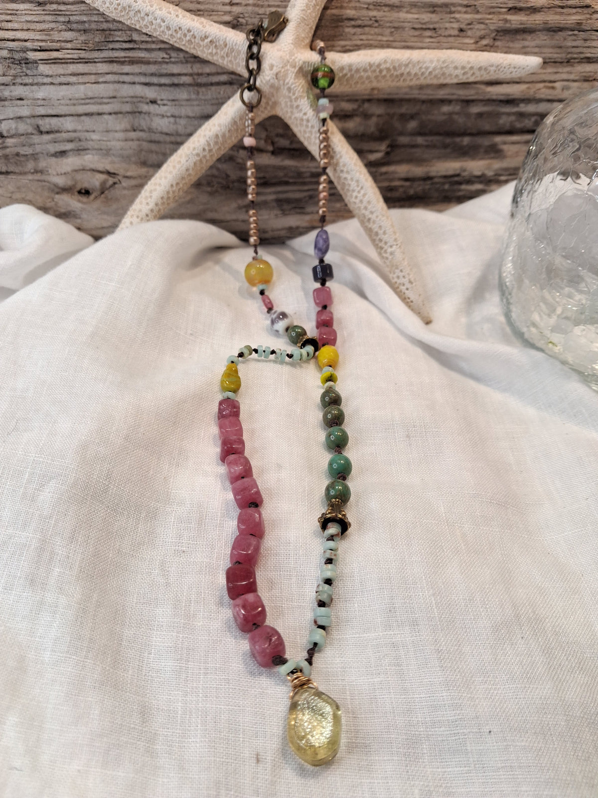 Emerald green and rose beaded amber pendant necklace with multicolored gemstone beads, handmade by Melly