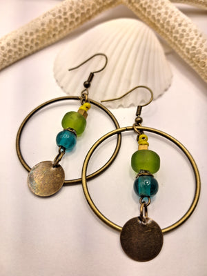 Emerald Green & Teal Fun Loops Hoop Boho Earrings