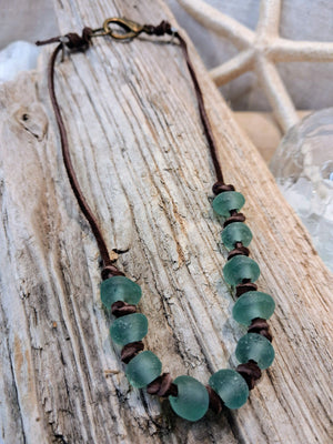 Frosted Blue Beaded Beach Glass Necklace