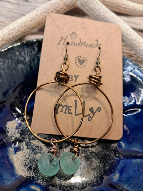 Green African recycled glass hoop earrings with wire-wrapped metal, handmade by Melly