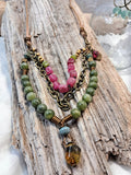 jade green and quartz beaded cranberry necklace with metal chains and natural stone beads, handmade by Melly
