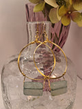 Ice blue rectangular stone and gold wire wrapped small hoop earrings, handmade by Melly