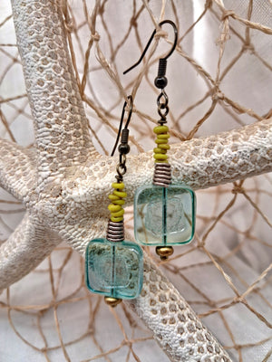Icey Blue & Lime Beaded Dangle Boho Earrings