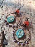 Turquoise and copper wire-wrapped hoop earrings handmade by Melly