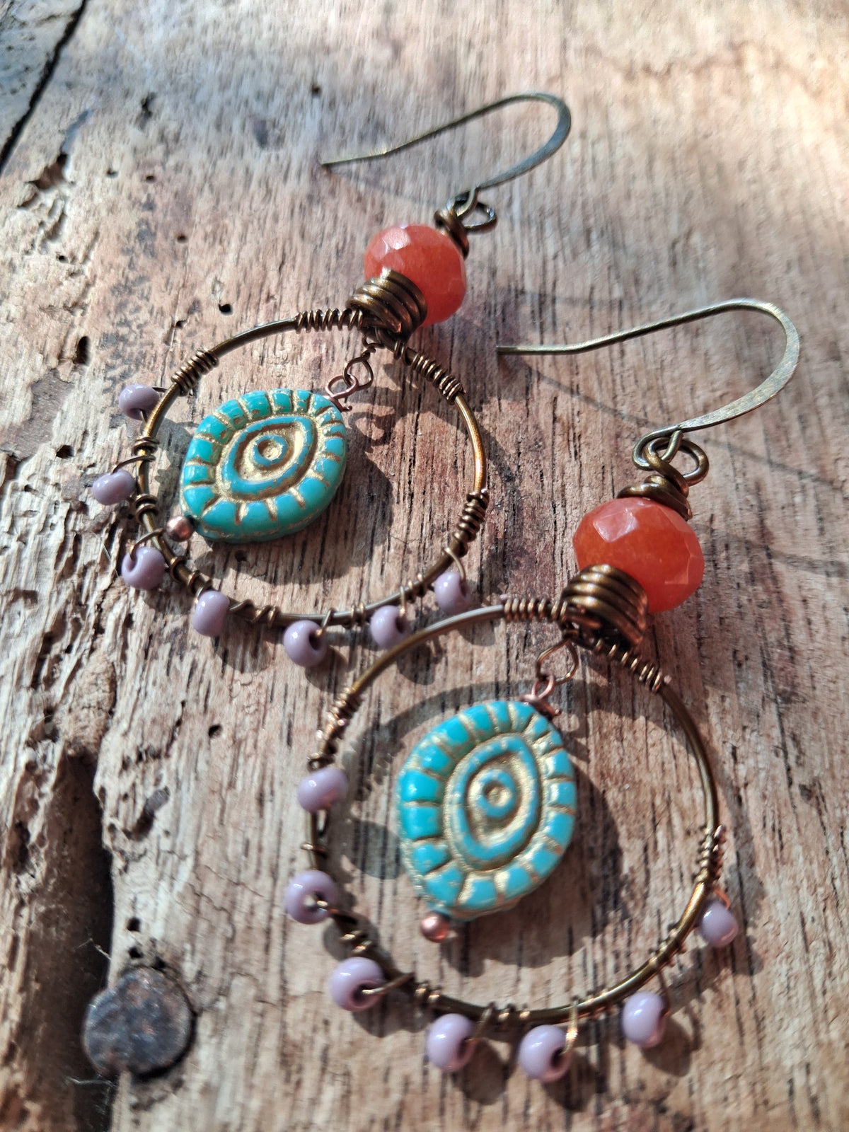 Turquoise and copper wire-wrapped hoop earrings handmade by Melly