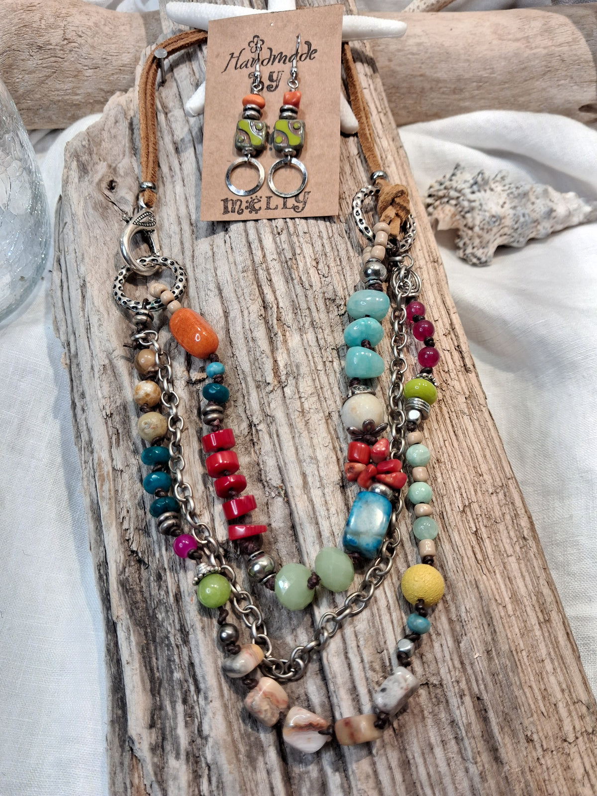 Multicolor beaded necklace with gemstone beads and metal chains, handmade by Melly