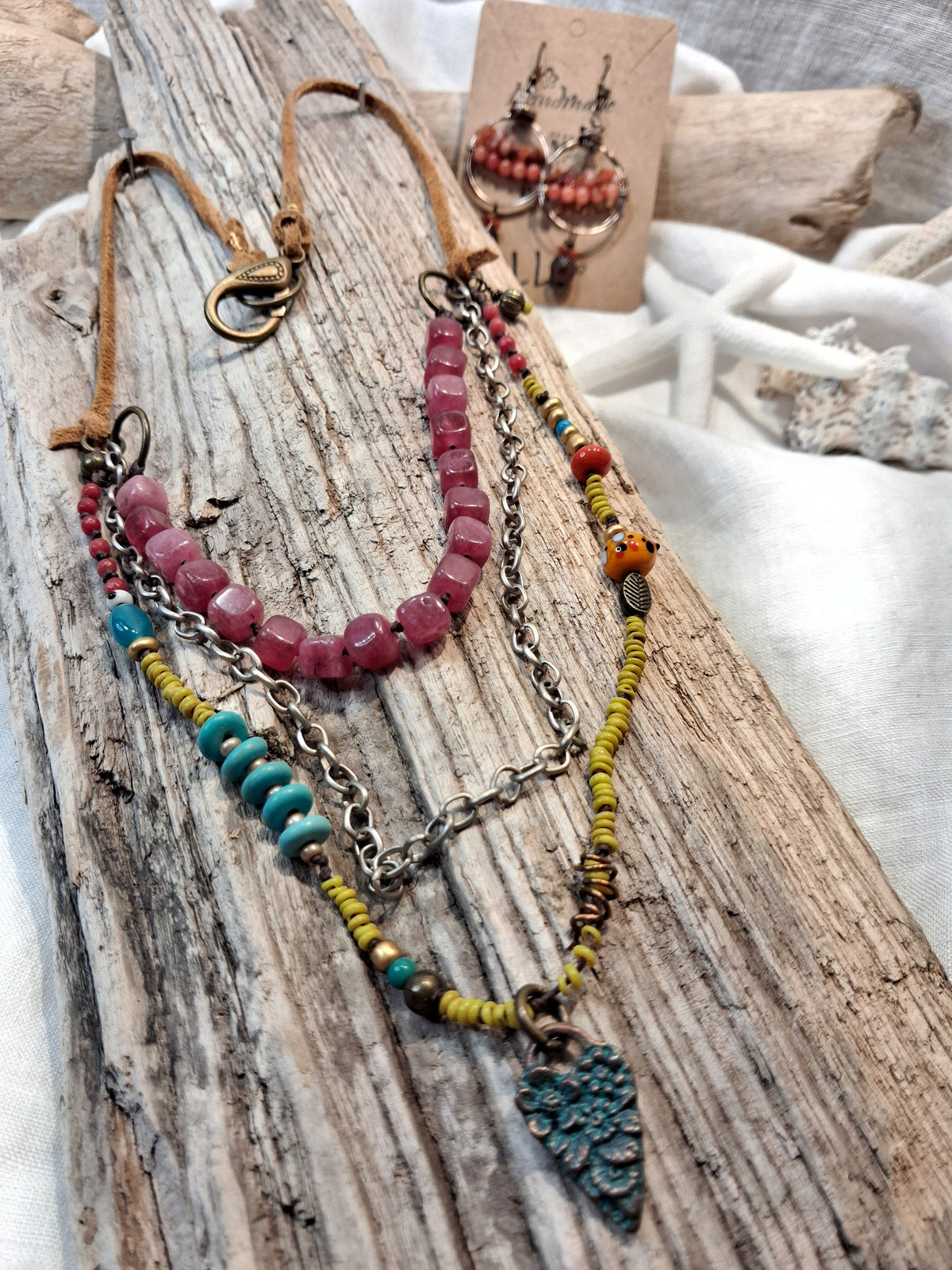 Olive and burgundy beaded fairy tale necklace with multi-strand chains and pendant, handmade by Melly