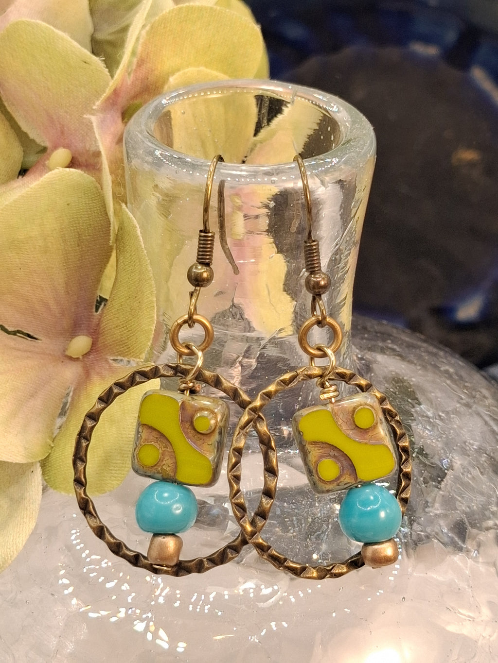 Olive and turquoise Czech glass candy beads on brass hoop earrings, handmade by Melly