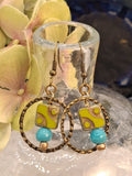 Olive and turquoise Czech glass candy beads on brass hoop earrings, handmade by Melly