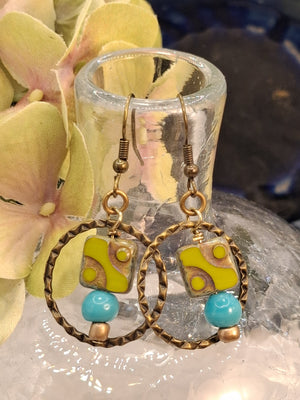 Olive Czech Glass & Turquoise Candy Hoop Boho Earrings
