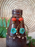 Orange agate and turquoise Czech glass hoop earrings handmade by Melly