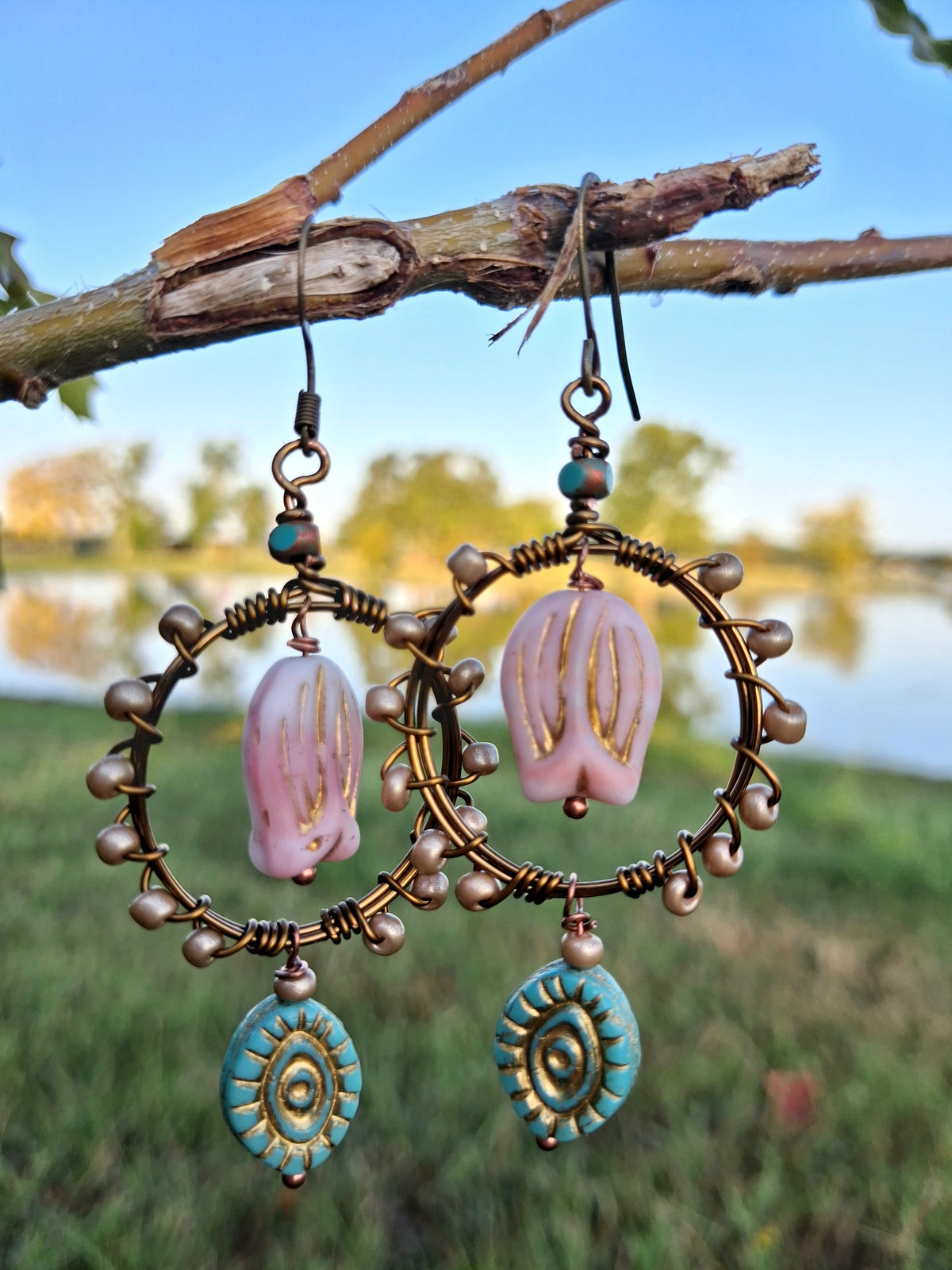 Pink & Gold Czech Beaded Vintage Treasure Boho Hoop Earrings