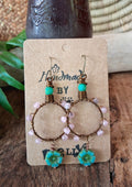 Pink and turquoise glass beads with copper wire hoop earrings handmade by Melly