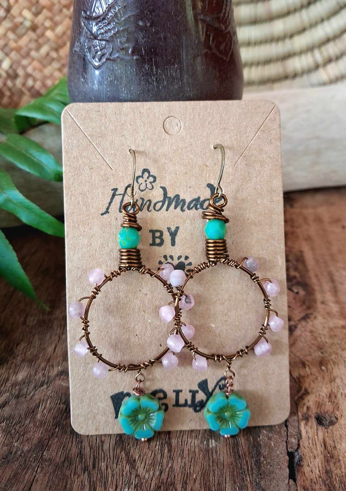 Pink and turquoise glass beads with copper wire hoop earrings handmade by Melly