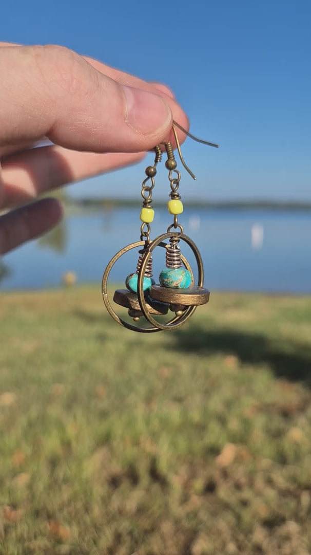 Turquoise Jasper & Lime Ufo Hoop Boho Earrings