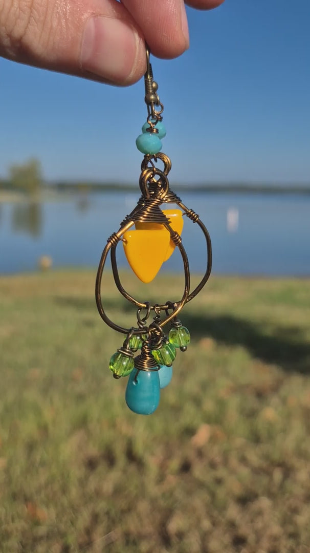 Turquoise & Yellow Wire Wrapped Sunrise Hoop Boho Earrings