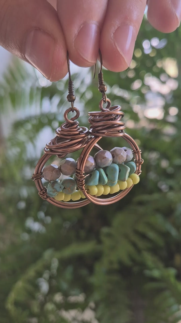 Turquoise Wagnerite Wire Wrapped Mint Hoop Boho Earrings