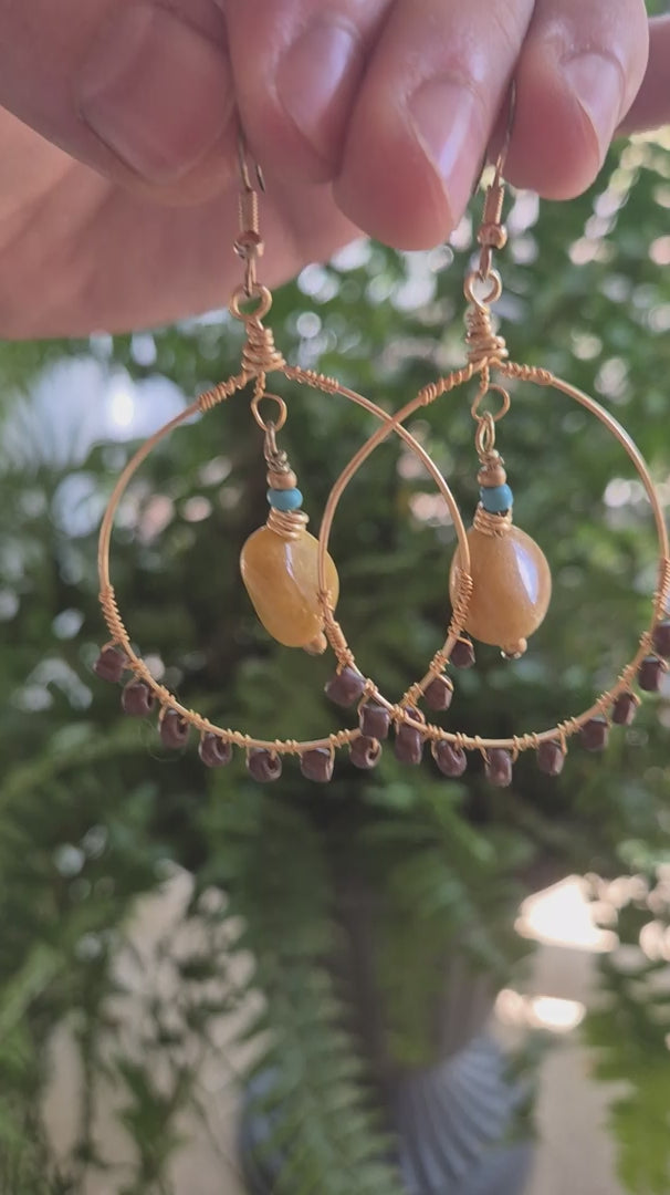 Yellow jade & Brown Wire Wrapped Margarita Hoop Boho Earrings
