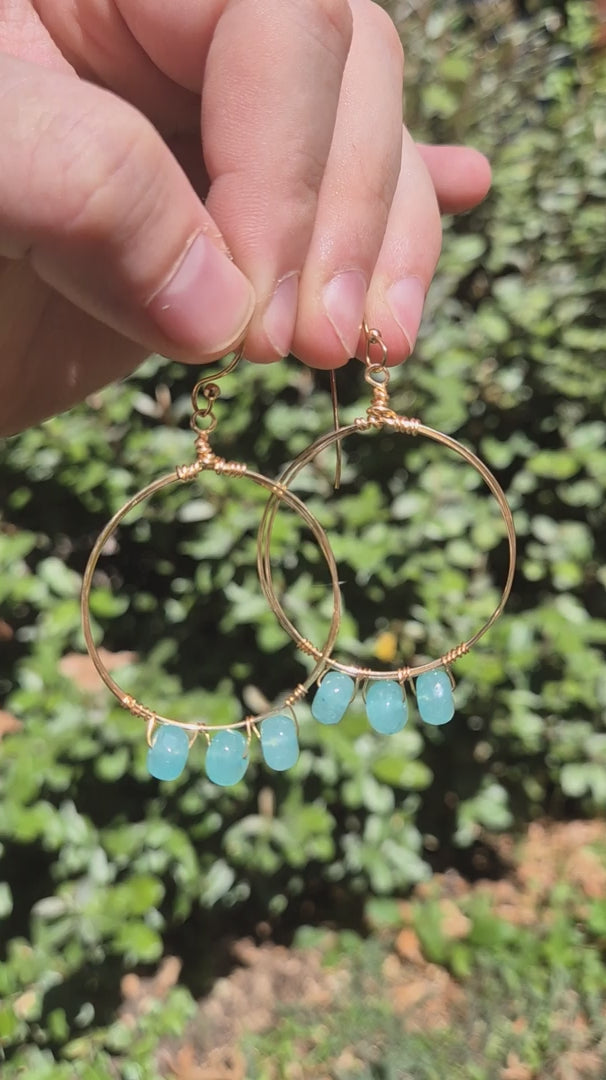 Aquamarine & Gold Wire Wrapped Luci Large Hoop Boho Earrings