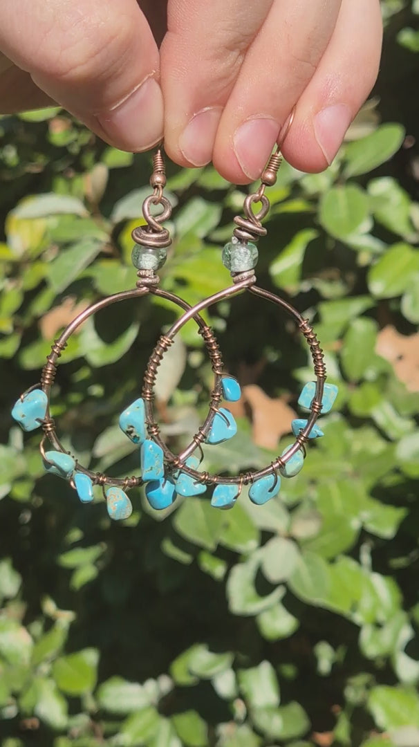 Turquoise Howlite Wire Wrapped Hoop Boho Earrings