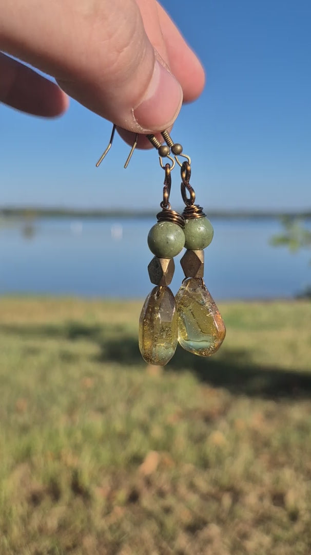 Green Jade & Amber Teardrop Dangle Boho Earrings