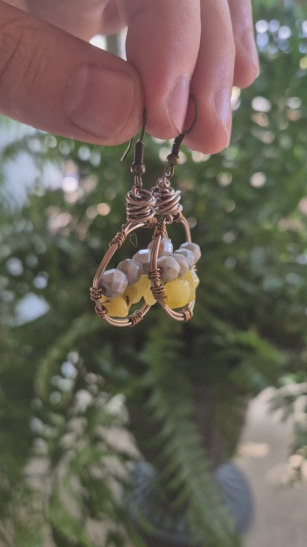 Yellow Jade & Light Grey Wire Wrapped Boho Hoop Earrings