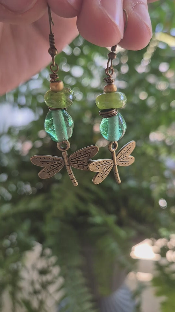 Emerald Green & Aquamarine Dragonfly Dangle Boho Earrings
