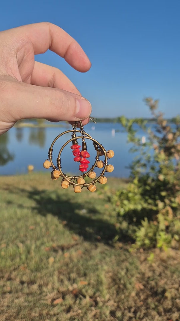 Red Coral Wire Wrapped Autumn Hoop Boho Earrings